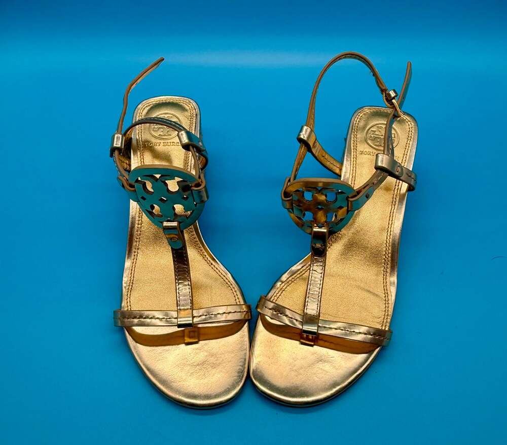 Tory Burch Gold Leather T Strap Sandals Womens 7M Rope Block Heel